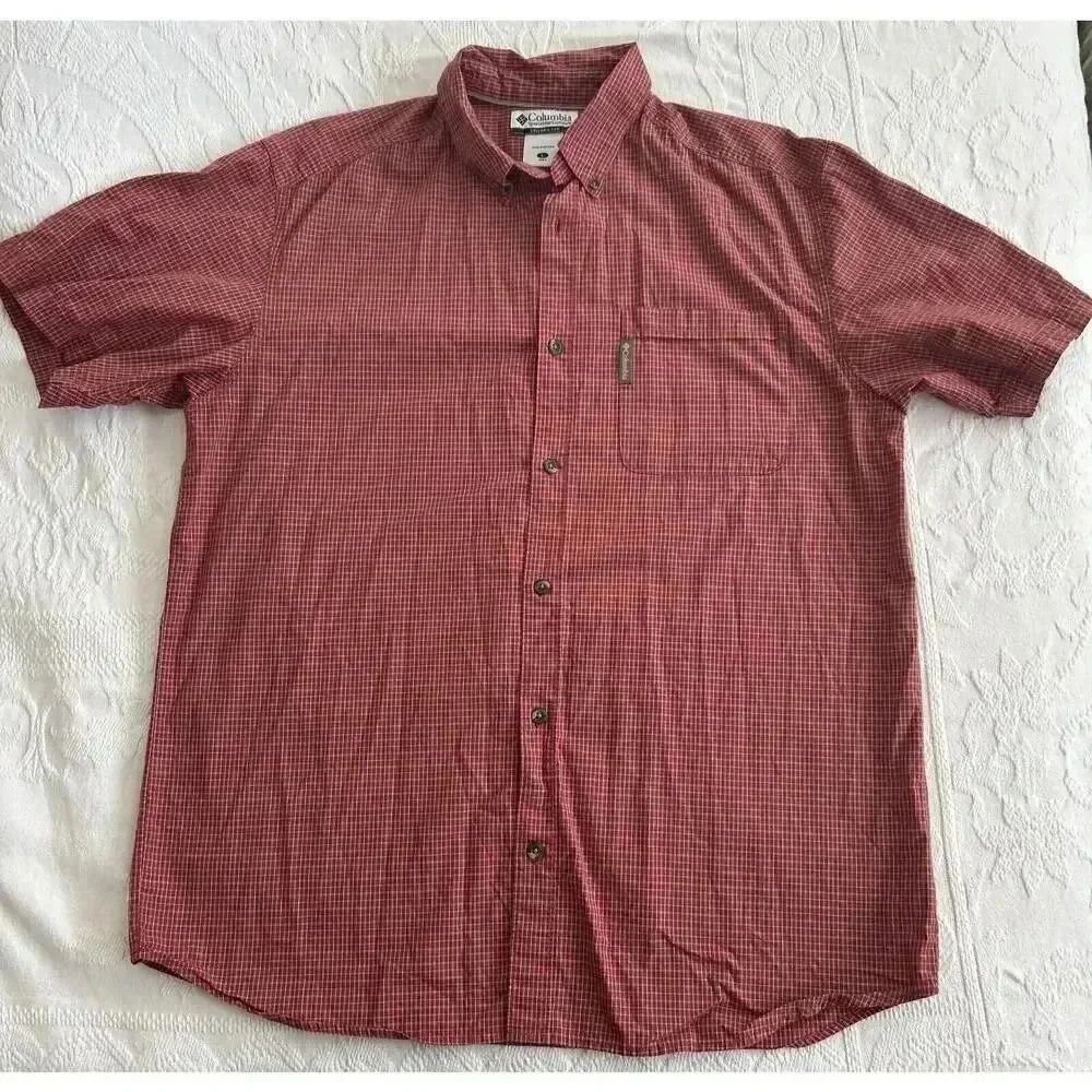 Rust Red Micro Plaid Cotton Button Down Columbia Short Sleeve Shirt Men’s Large - Picture 9 of 11